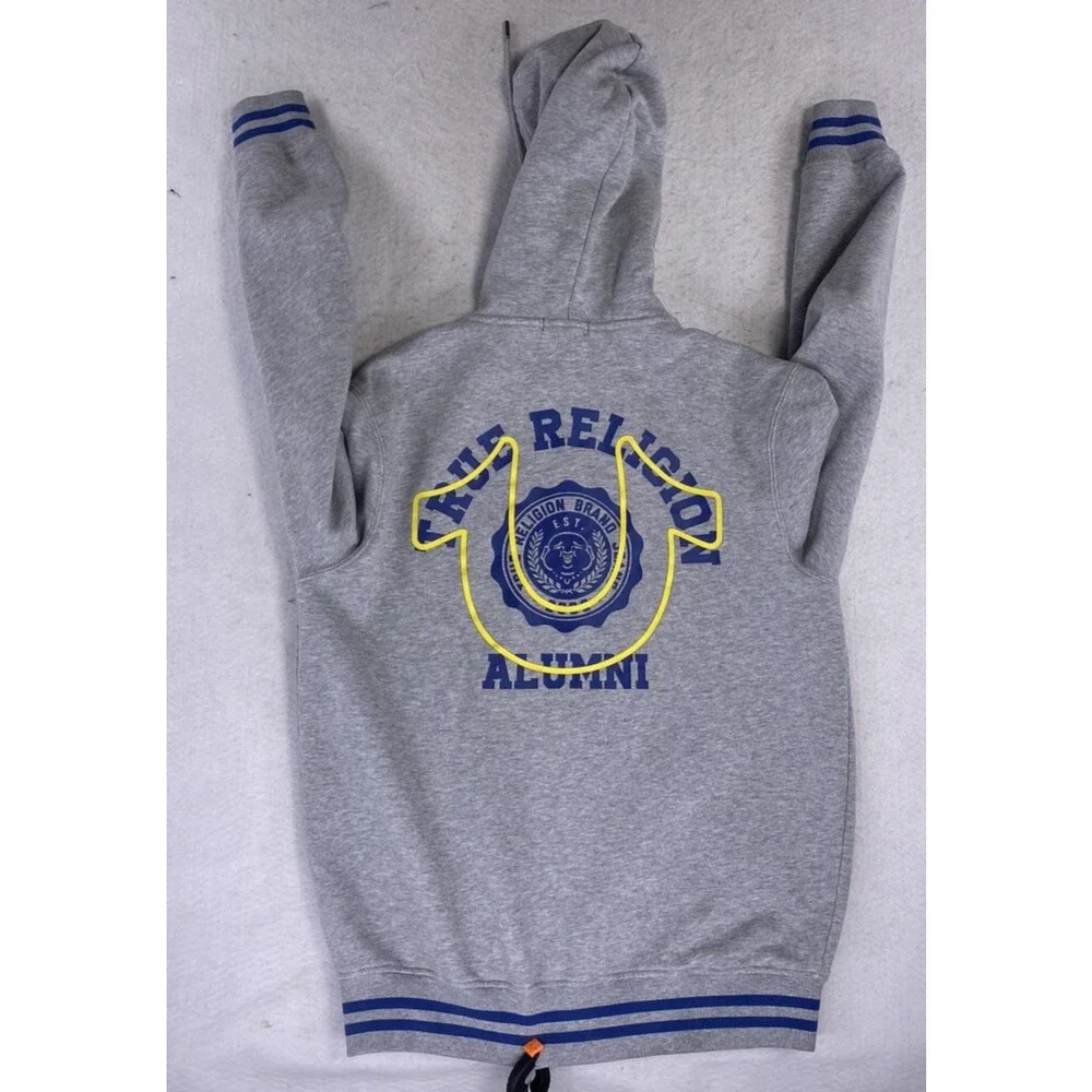 True Religion Men Hoodie Zip Up Gray Blue Alumni Buddha Big Horseshoe Fleece Med